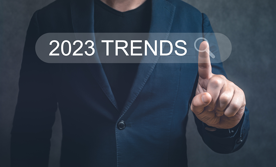 2023 Trends Search Bar. Businesman Hand Touching 2023 Trends Sea