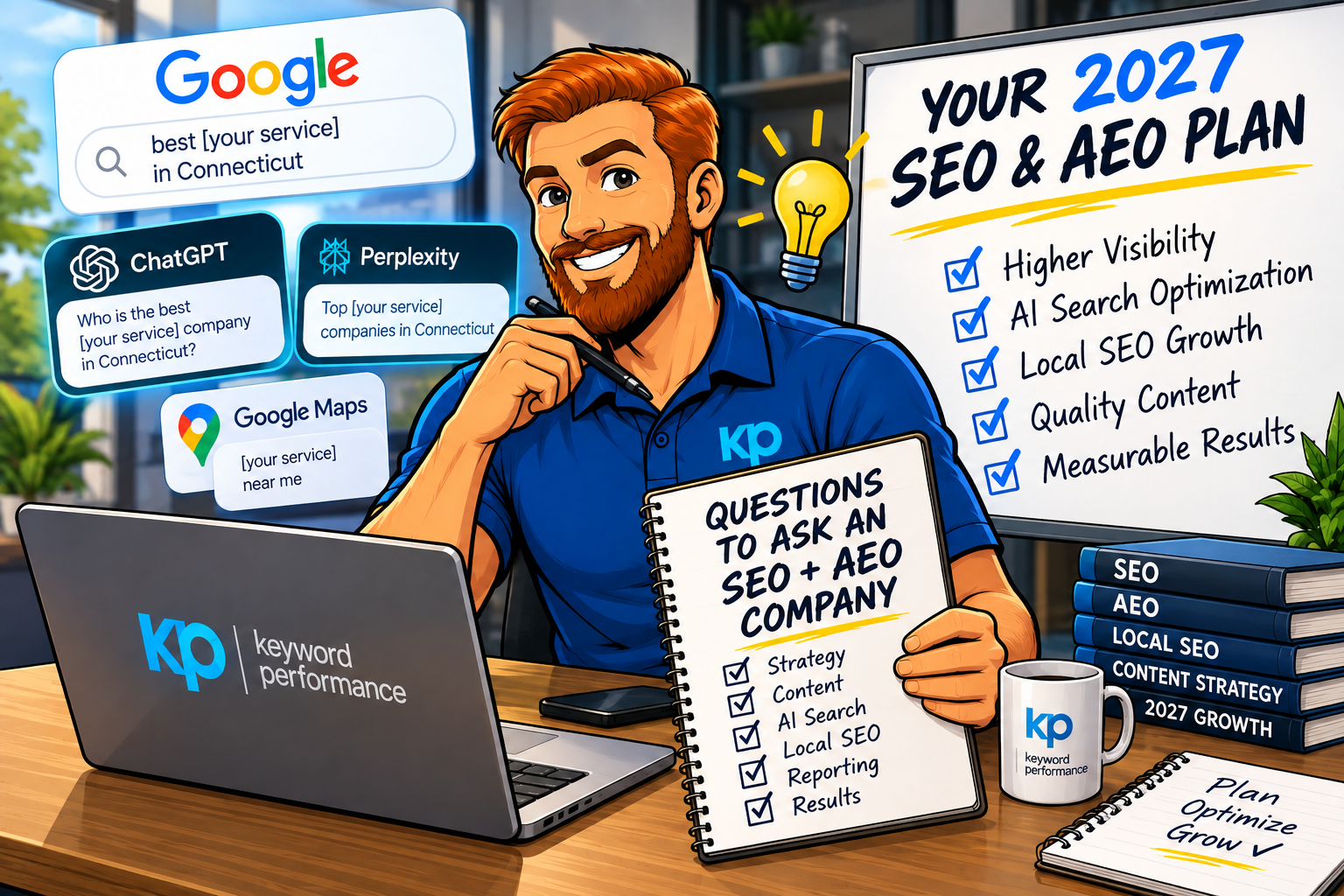 Business owner reviewing questions to ask an SEO and AEO company before hiring an agency in 2027.